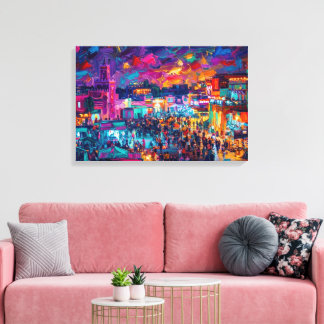 Lienzo Pintura al óleo del mercado nocturno de Marrakech