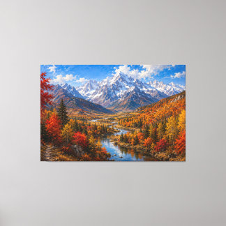 Lienzo Pintura al óleo del valle de la montaña de otoño