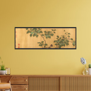 Lienzo Pintura china en seda de aves en árbol frutal repr
