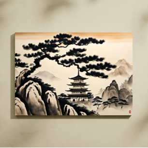 Lienzo Pintura con tinta de paisaje japonés