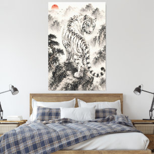 Lienzo Pintura con tinta del Tigre Blanco en el acantilad