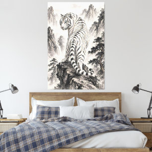 Lienzo Pintura con tinta del Tigre Blanco en el acantilad