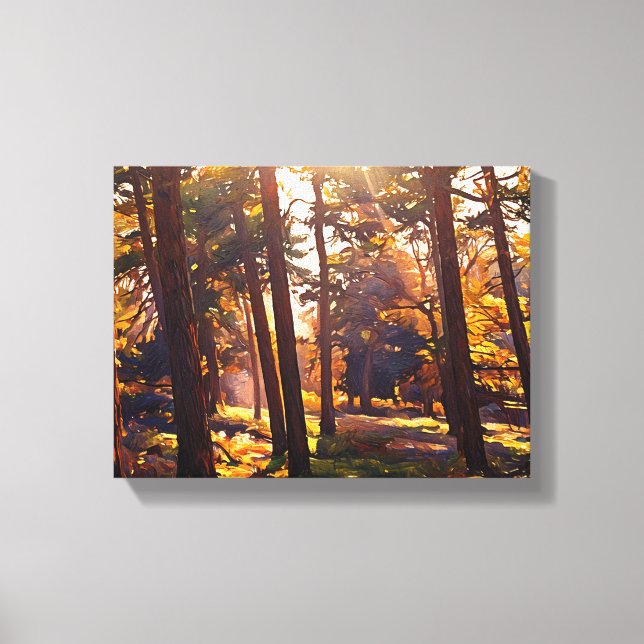 Lienzo Pintura de aceite de bosque de luz dorada (Anverso)
