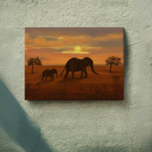 Pintura de aceite para el atardecer del elefante -
