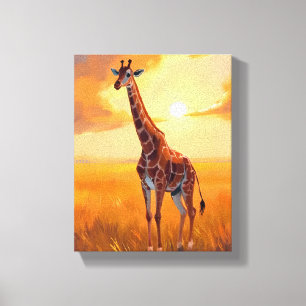Lienzo Pintura de animales safari atardecer jirafa