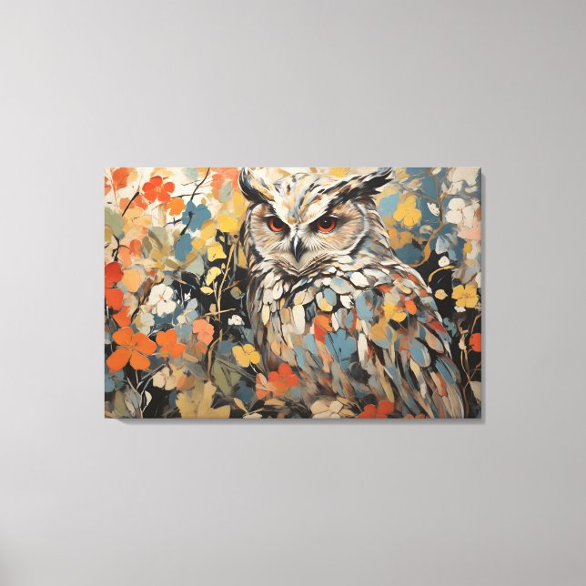 Lienzo Pintura de búho y flores en primavera (Anverso)