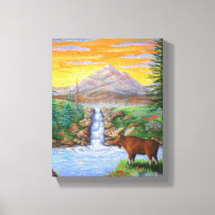 Lienzo Pintura de cascada de Moose Wildlife Mountain