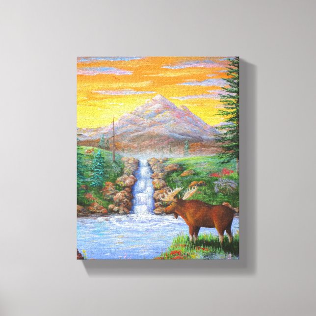 Lienzo Pintura de cascada de Moose Wildlife Mountain (Anverso)