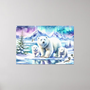 Lienzo Pintura de escena nevada de la familia del oso pol