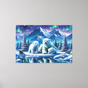 Lienzo Pintura de escena nevada de la familia del oso pol