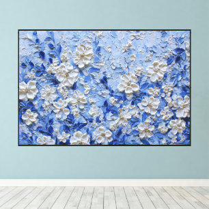 Lienzo Pintura de Impasto Floral Blanco con Hojas Azules