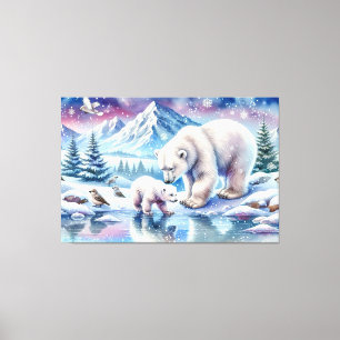 Lienzo Pintura de la escena nevada de la familia de osos 