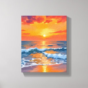 Lienzo Pintura de la playa del océano al atardecer en la 