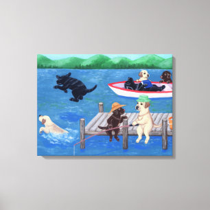 Lienzo Pintura de Labradors de la diversión del lago