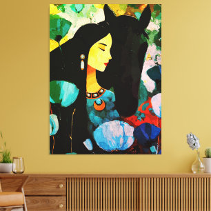 Lienzo Pintura de Mujer y Caballo Turquesa