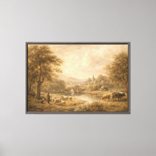 Lienzo Pintura de paisaje pastoral dorado