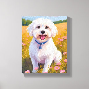 Lienzo Pintura de perro maltés en campo de flores