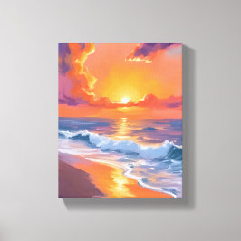 Lienzo Pintura de playa de puesta de sol naranja de hora 