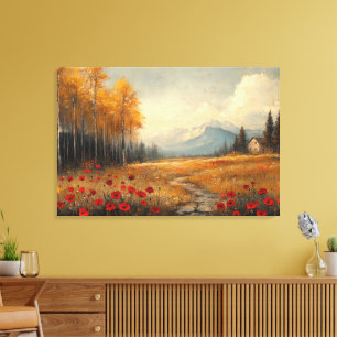 Lienzo Pintura de prado de otoño vintage con amapolas