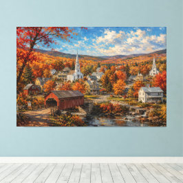 Lienzo Pintura de pueblo de Nueva Inglaterra en otoño