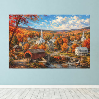 Lienzo Pintura de pueblo de Nueva Inglaterra en otoño
