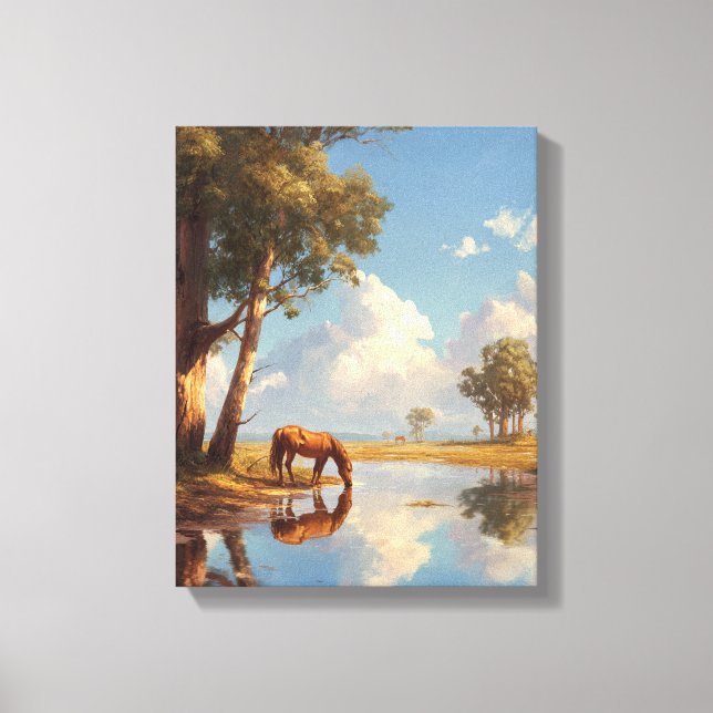 Lienzo Pintura de reflejo de caballo en estanque soleado (Anverso)