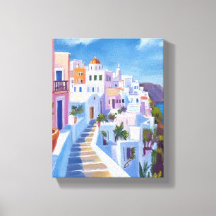 Lienzo Pintura de Santorini Grecia Acuarela Viaje