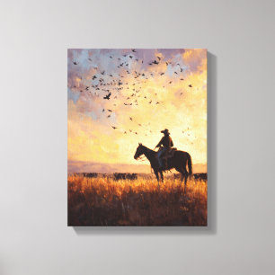 Lienzo Pintura de Silueta de Cabalgata de Vaquero en Pues
