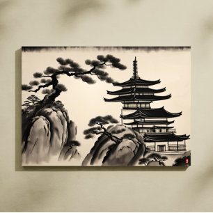 Lienzo Pintura de tinta de paisaje japonés