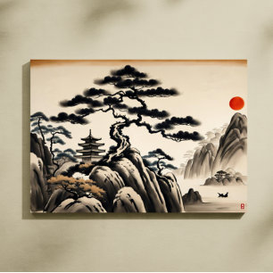 Lienzo Pintura de tinta de paisaje japonés