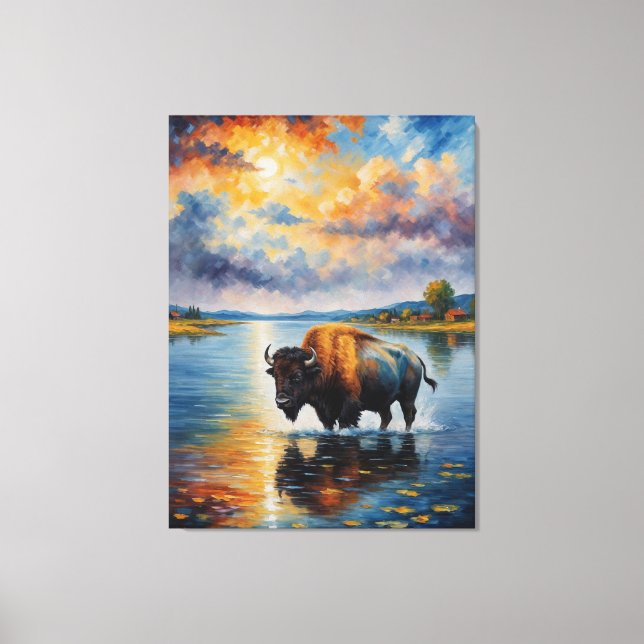 Lienzo pintura de un búfalo en un río (Anverso)