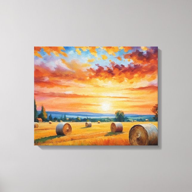 Lienzo pintura de un campo con balas de heno (Anverso)