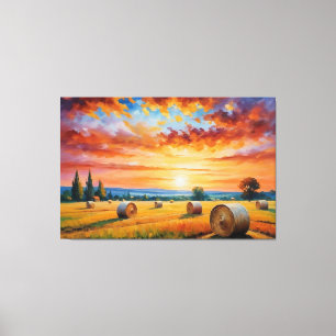 Lienzo pintura de un campo con balas de heno