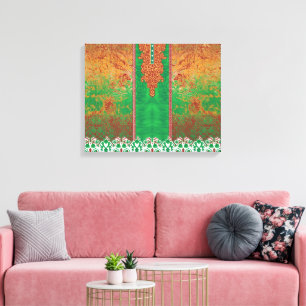 Lienzo pintura de un campo verde con un borde naranja