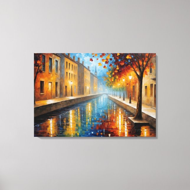 Lienzo pintura de un canal con árboles y edificios (Anverso)