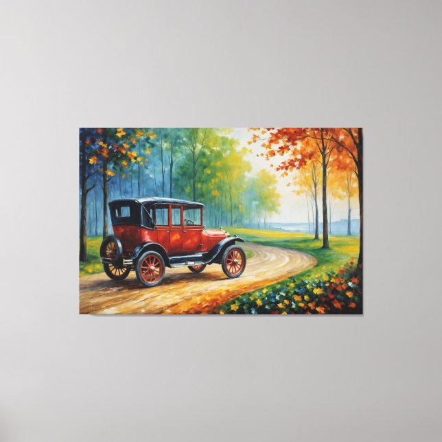 Lienzo pintura de un coche rojo en un camino de tierra (Anverso)