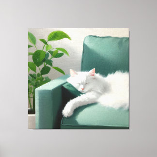Lienzo Pintura de un gato durmiendo en un sofá verde