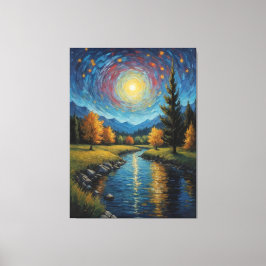 Lienzo pintura de un río con árboles y montañas