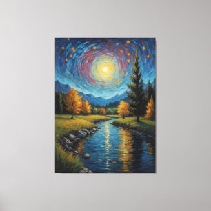 Lienzo pintura de un río con árboles y montañas