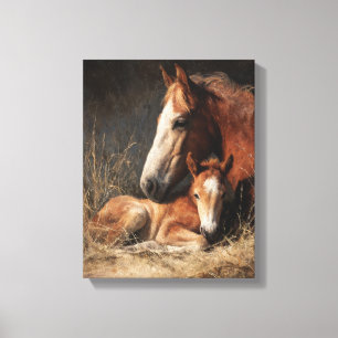 Lienzo Pintura de yegua castaña y potro tiernos
