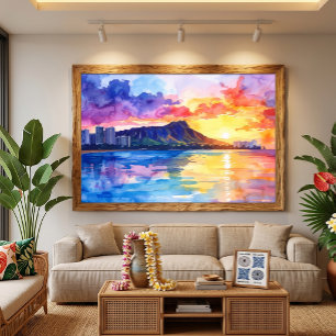 Lienzo pintura en acuarela de Diamond head Waikiki Hawaii
