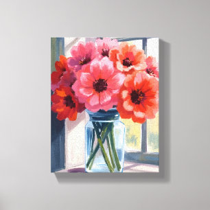 Lienzo Pintura en Acuarela de Flores de Ramo Rojo en Jarr