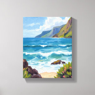 Lienzo Pintura en Acuarela de Olas Azules en la Costa del