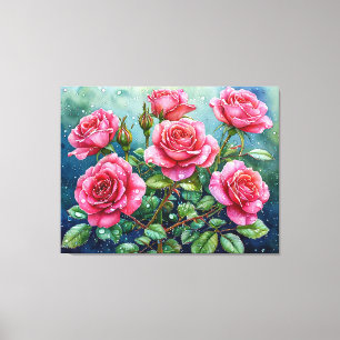 Lienzo Pintura en acuarela de rosas rosadas con gotas de 