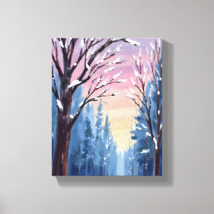 Lienzo Pintura en Acuarela del Bosque Invernal con Nevada
