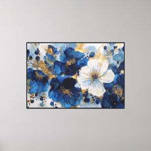 Lienzo Pintura floral azul profundo y dorado – pared abst