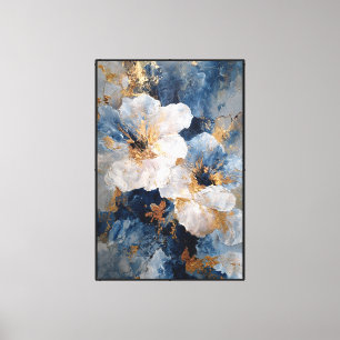 Lienzo Pintura floral azul y blanca con acentos dorados