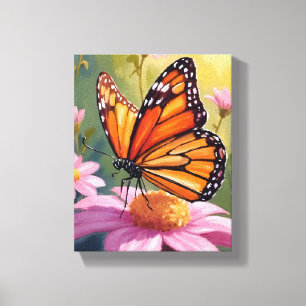 Lienzo Pintura floral de flor rosa de mariposa monarca