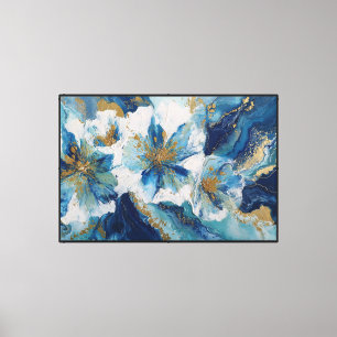 Lienzo Pintura floral texturizada en azul, blanco y dorad