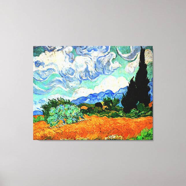 Lienzo Pintura Van Gogh, Wheatfield con árbol de cipreses (Anverso)